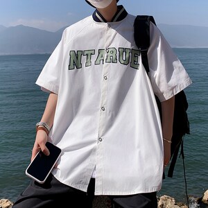 外景宽松大码短袖衬衫休闲字母潮男半袖衬衣A0342567P40控58