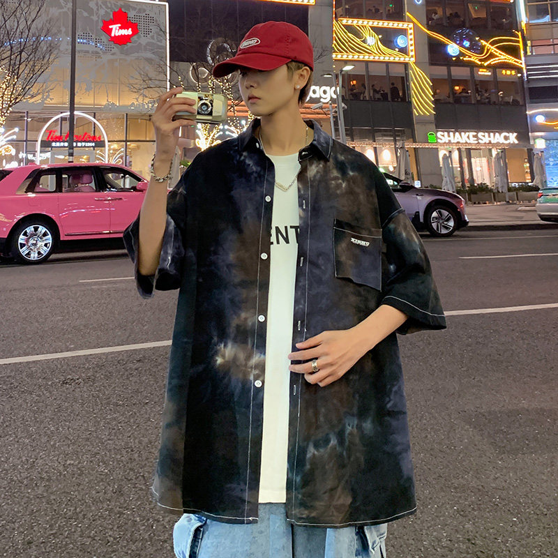 渐变扎染垂感休闲半袖衬衣大码港风外景男短袖衬衫2828P45控58,男装衬衫,电商A034