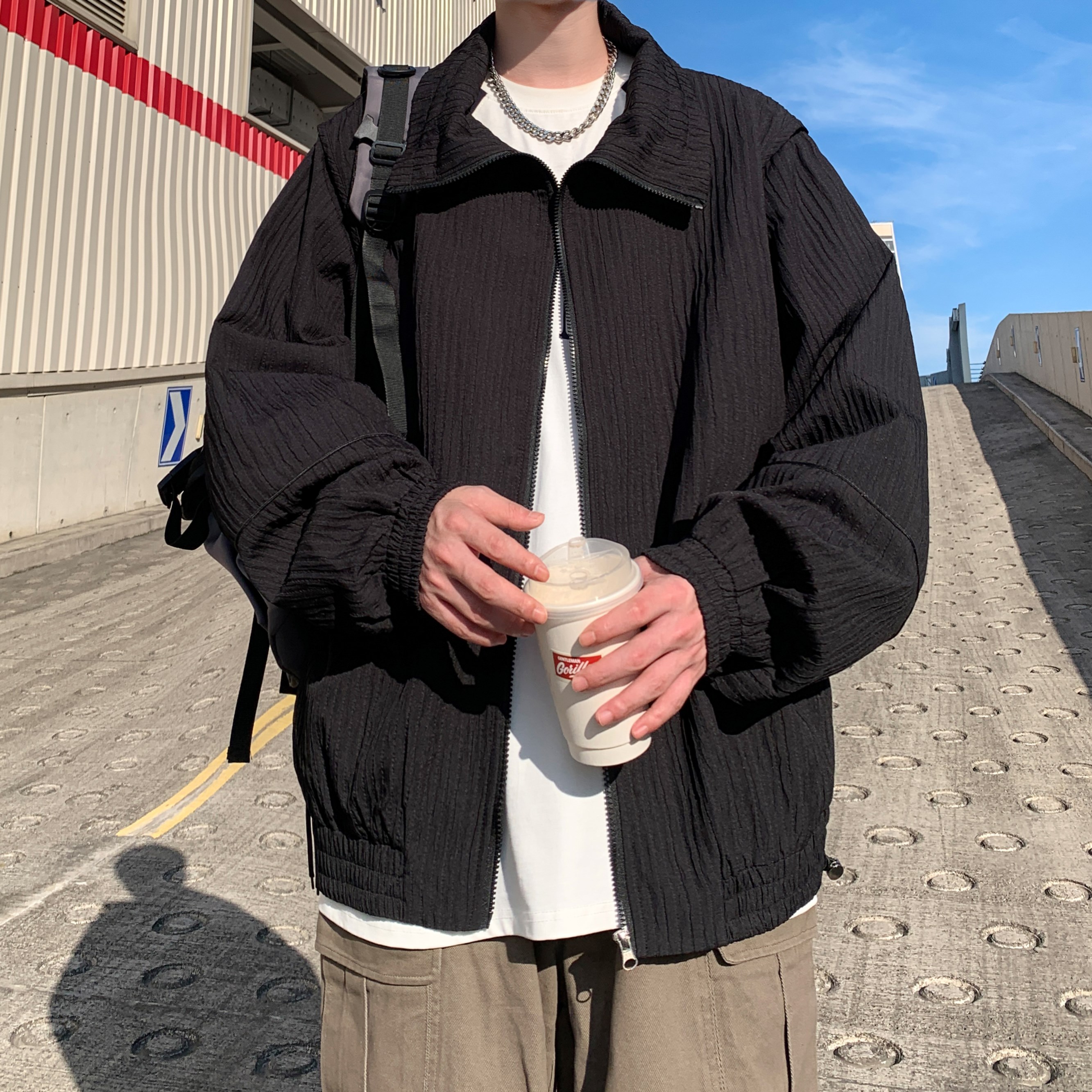 外景秋款简约夹克潮流男宽松休闲外套纯色可二开6633P88控128,男装夹克,电商A034