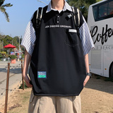 港风日系男短袖T恤休闲POLO衫体恤条纹拼接翻领上衣2820p45控58，男装T恤，电商A034