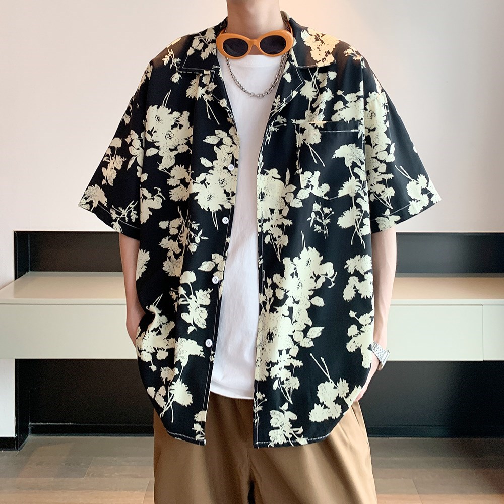 酒店内景2025夏款短袖衬衫青年男宽松休闲碎花衬衣6617P40控58,男装衬衫,电商A034