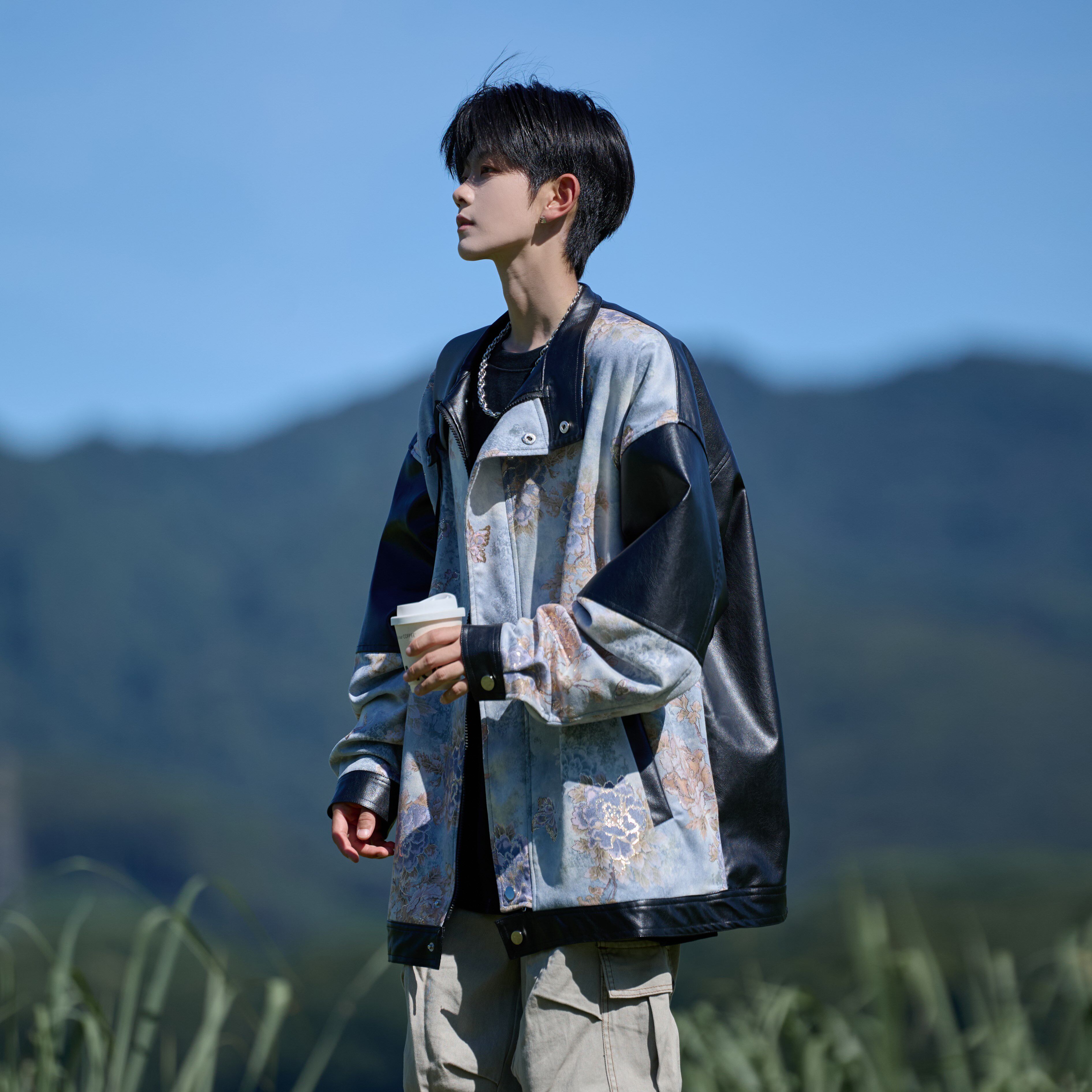 胖胖哥潮流拼接花纹宽松夹克男2025秋季新款百搭休闲大码立领外套,男装皮衣,电商A034