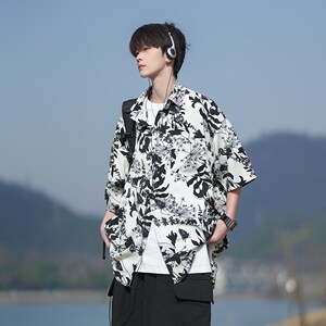 新款相机片外景夏短袖衬衫 大码男冰丝花衬衣二开 6616 P40控58图片