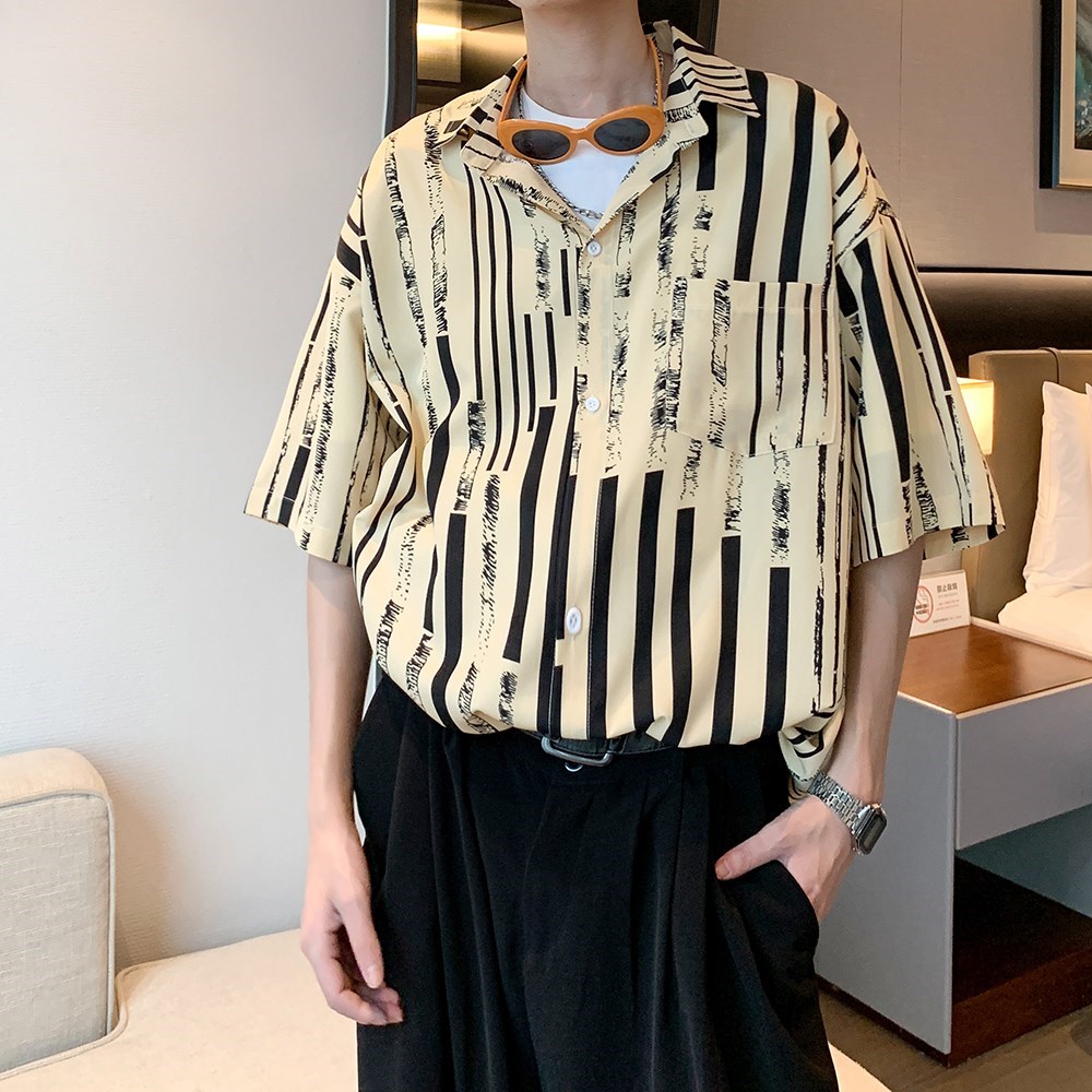 潮男日系衬衣宽松条纹休闲短袖衬衫港风酒店内景6619P40控58,男装衬衫,电商A034