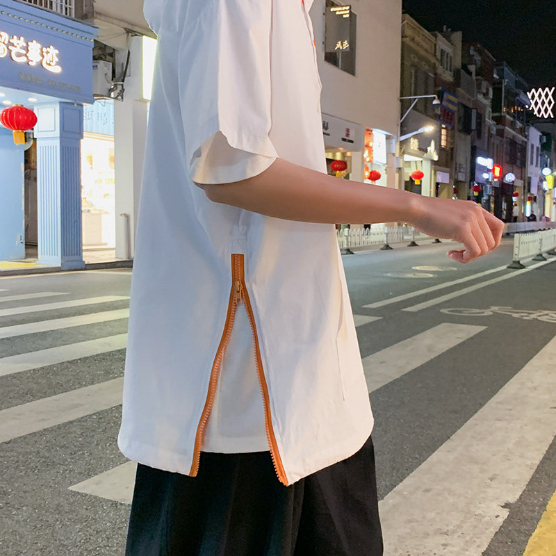 纯色短袖衬衫男女情侣连帽衬衣港风休闲外套2202P50控68,男装衬衫,电商A034