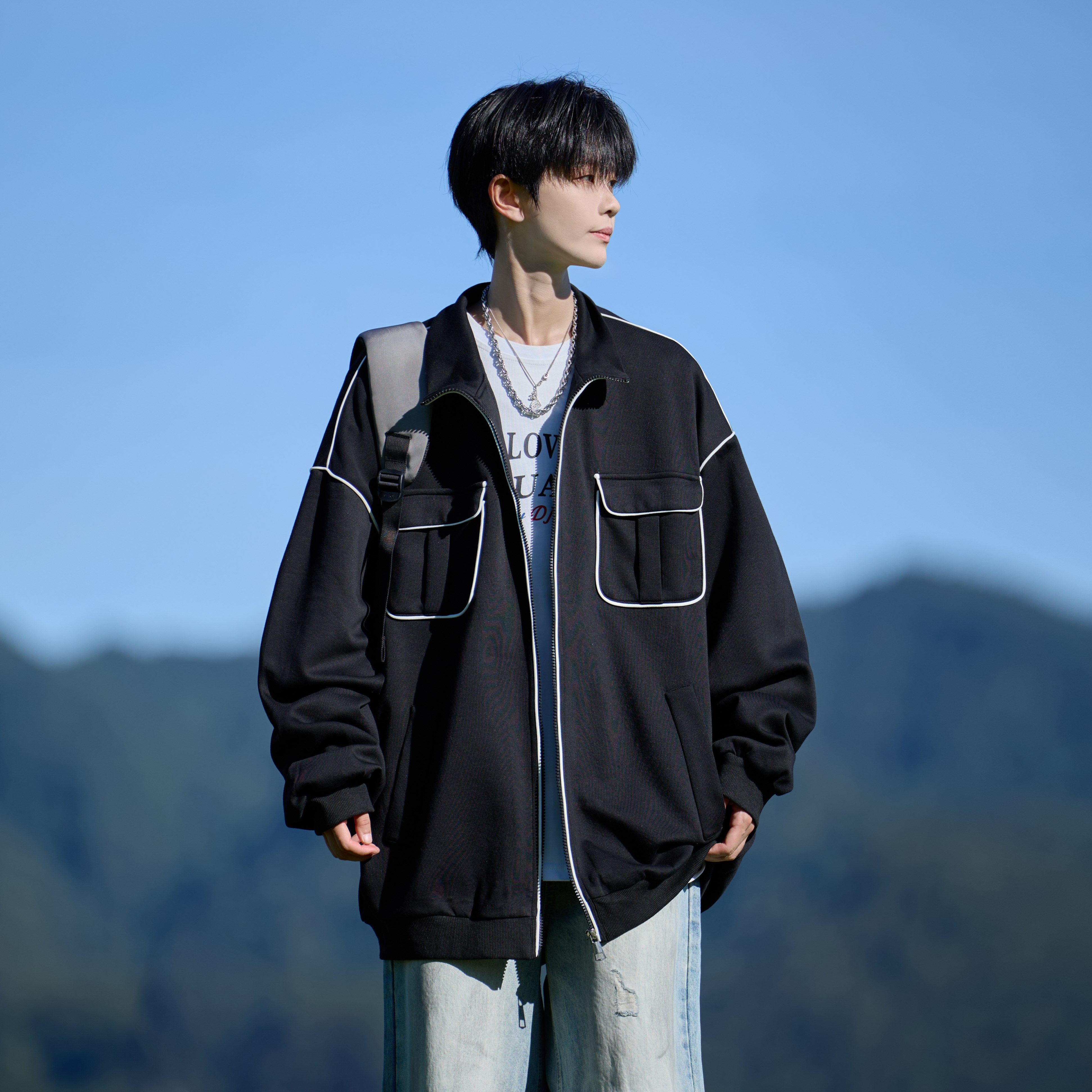 相机片痞帅男大码港风立领外套简约休闲卫衣可二开6653P68控98，女装短外套，电商A034