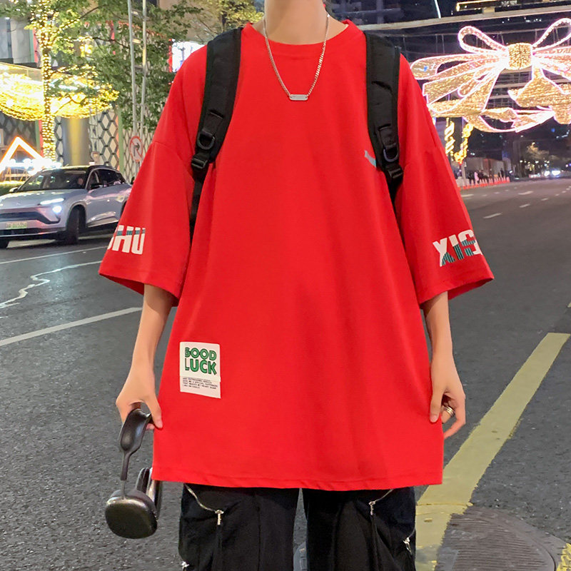 红色t恤男蜘蛛精穿搭胖子大码短袖美式oversize情侣冰丝七分半袖,男装T恤,电商A034