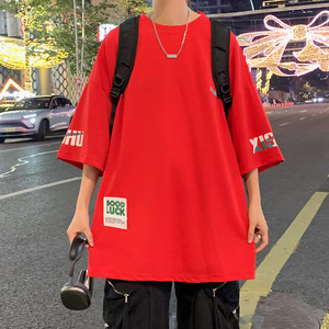 红色t恤男蜘蛛精穿搭胖子大码短袖美式oversize情侣冰丝七分半袖