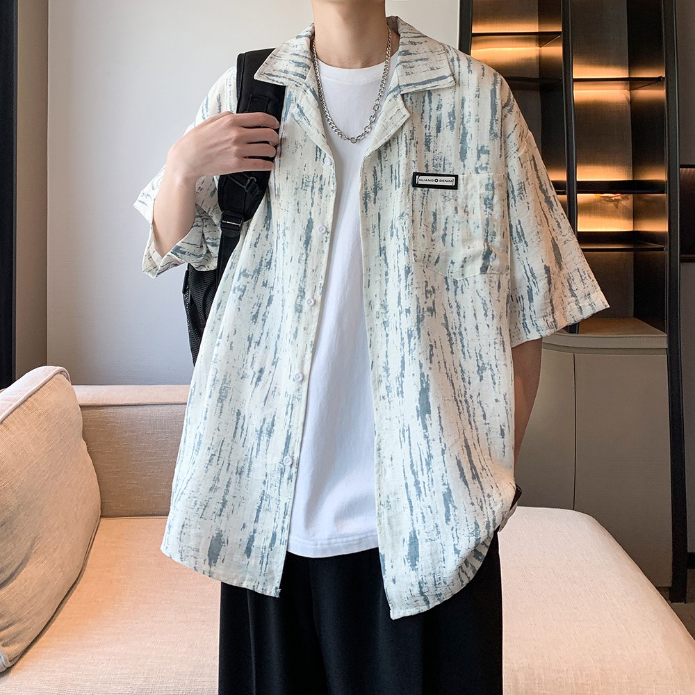 港风宽松清凉短袖衬衣条纹碎花衬衫男二开酒店内景6615P48控68,男装衬衫,电商A034