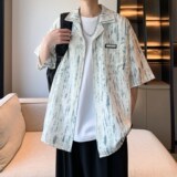 港风宽松清凉短袖衬衣条纹碎花衬衫男二开酒店内景6615P48控68，男装衬衫，电商A034