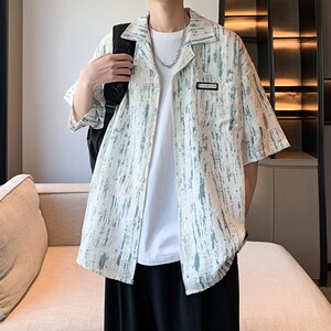 港风宽松清凉短袖衬衣 条纹碎花衬衫男二开酒店内景 6615 P48控68图片