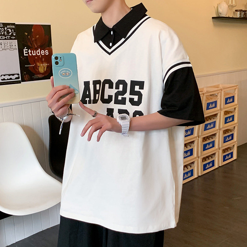 撞色潮短袖polo衫宽松休闲上衣青年印花男装T恤A0342291P45,男装Polo衫,电商A034