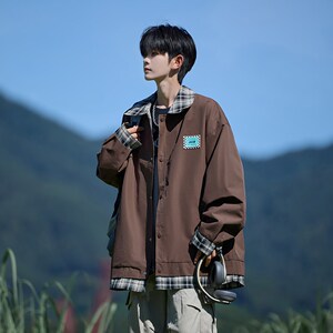 相机片秋款格子拼接外套 潮男流行休闲夹克A034 6652 P85控128图片