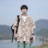 南亚风夏宽松凉爽短袖衬衫男士冰丝花衬衣相机片6620P40控58，男装衬衫，电商A034