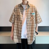 内景2025夏新款二开大码宽松格子衬衫短袖衬衣6609P45控58，男装衬衫，电商A034
