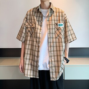 内景2025夏新款二开大码宽松格子衬衫 短袖衬衣 6609 P45控58图片