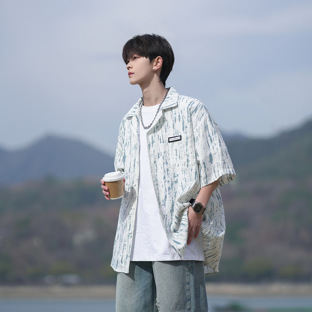 港风夏季小清新男士短袖衬衫条纹衬衣相机片外景6615P48控68,男装衬衫,电商A034