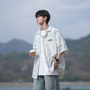 港风夏季小清新 男士短袖衬衫条纹衬衣 相机片外景 6615 P48控68图片