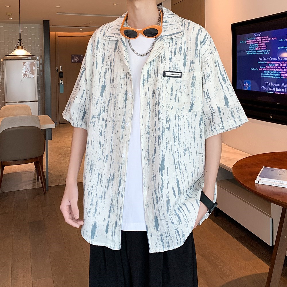 胖胖哥港风扎染潮牌短袖衬衫男款夏季大码宽松慵懒风衬衣外套上衣,男装衬衫,电商A034
