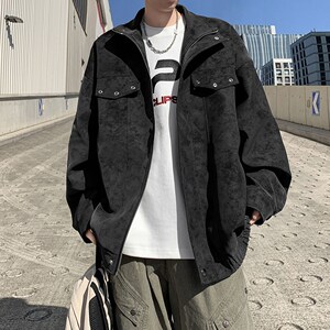 港风外景大码秋款皮衣外套男纯色休闲翻领夹克 6651 P88控138图片