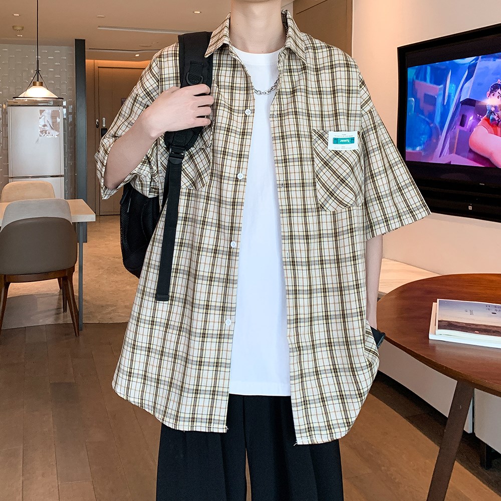 wassuphappy绿色短袖衬衫男夏季薄款潮牌宽松大码七分袖休闲外套,男装衬衫,电商A034