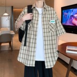 wassuphappy绿色短袖衬衫男夏季薄款潮牌宽松大码七分袖休闲外套，男装衬衫，电商A034