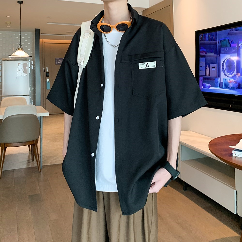 粉色冰丝短袖衬衫男款夏季高级感休闲衬衣大码宽松百搭七分袖外套,男装衬衫,电商A034