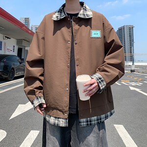 外景2025秋款格子拼接大码外套 青年潮男百搭夹克 6652 P85控128图片