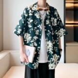 酒店内景2025夏款短袖衬衫青年男宽松休闲碎花衬衣6617P40控58，男装衬衫，电商A034