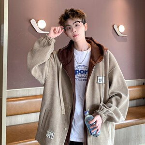 新款撞色连帽外套假两件学院风男休闲夹克港风外景 6635 P98控138图片