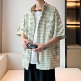 港风潮男衬衣千鸟格子宽松大码短袖衬衫酒店内景6610P45控58，男装衬衫，电商A034