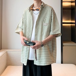 港风潮男衬衣 千鸟格子宽松大码短袖衬衫 酒店内景 6610 P45控58图片
