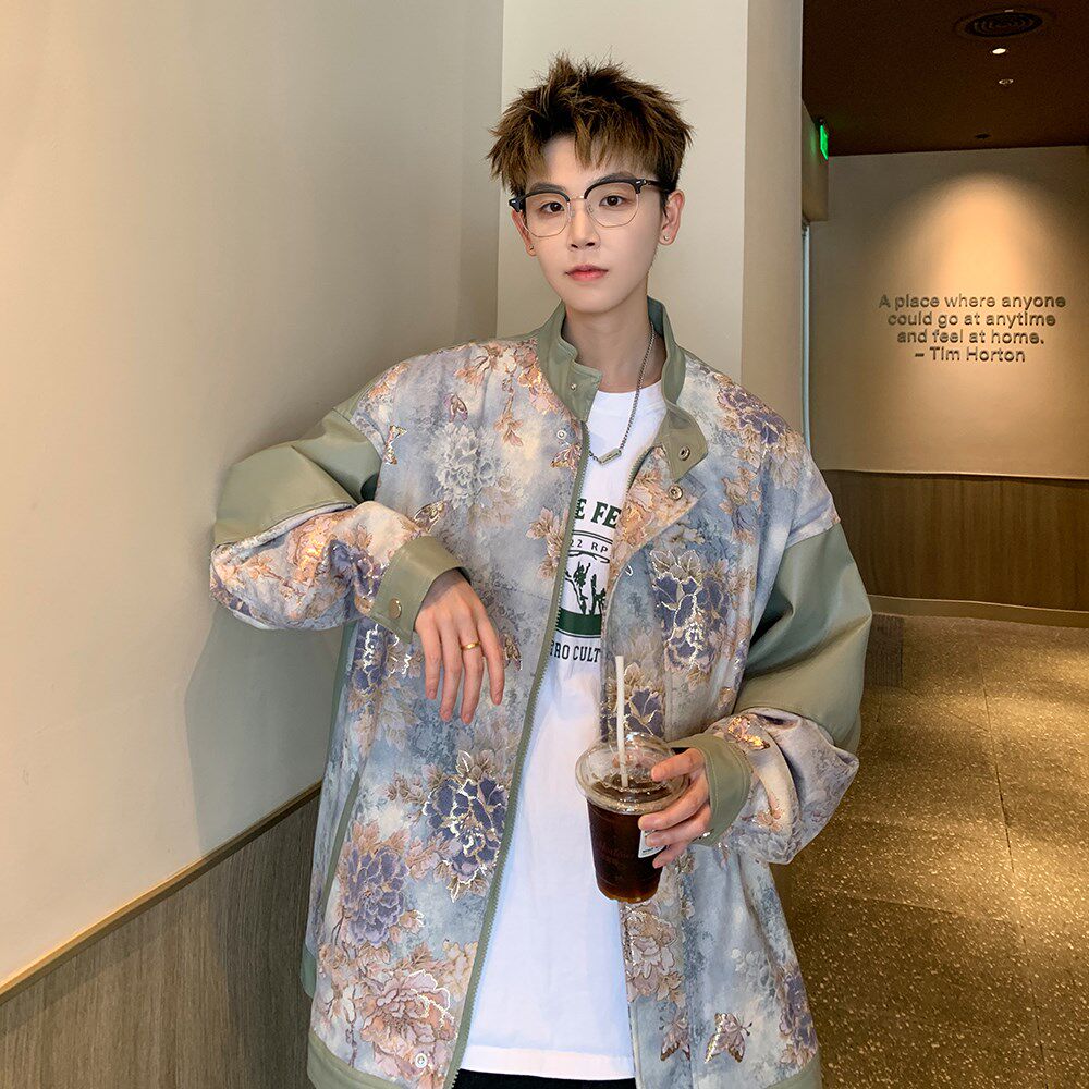 片港风秋新款皮衣外套风男宽松原创花夹克6656P88控128,男装皮衣,电商A034