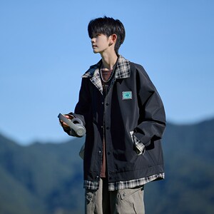 相机片外景 大码秋款拼接外套 潮男宽松休闲夹克 6652 P85控128图片