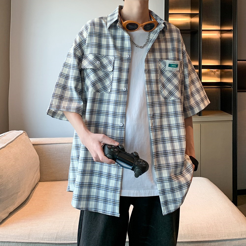 wassuphappy绿色短袖衬衫男夏季薄款潮牌宽松大码七分袖休闲外套,男装衬衫,电商A034