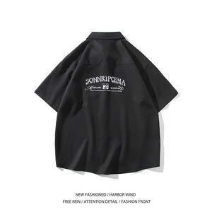 胖胖哥日系少年感简约刺绣短袖衬衫男夏季宽松大码半袖衬衣外套图片