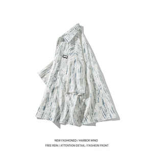 港风宽松清凉短袖衬衣 条纹碎花衬衫男二开酒店内景 6615 P48控68图片