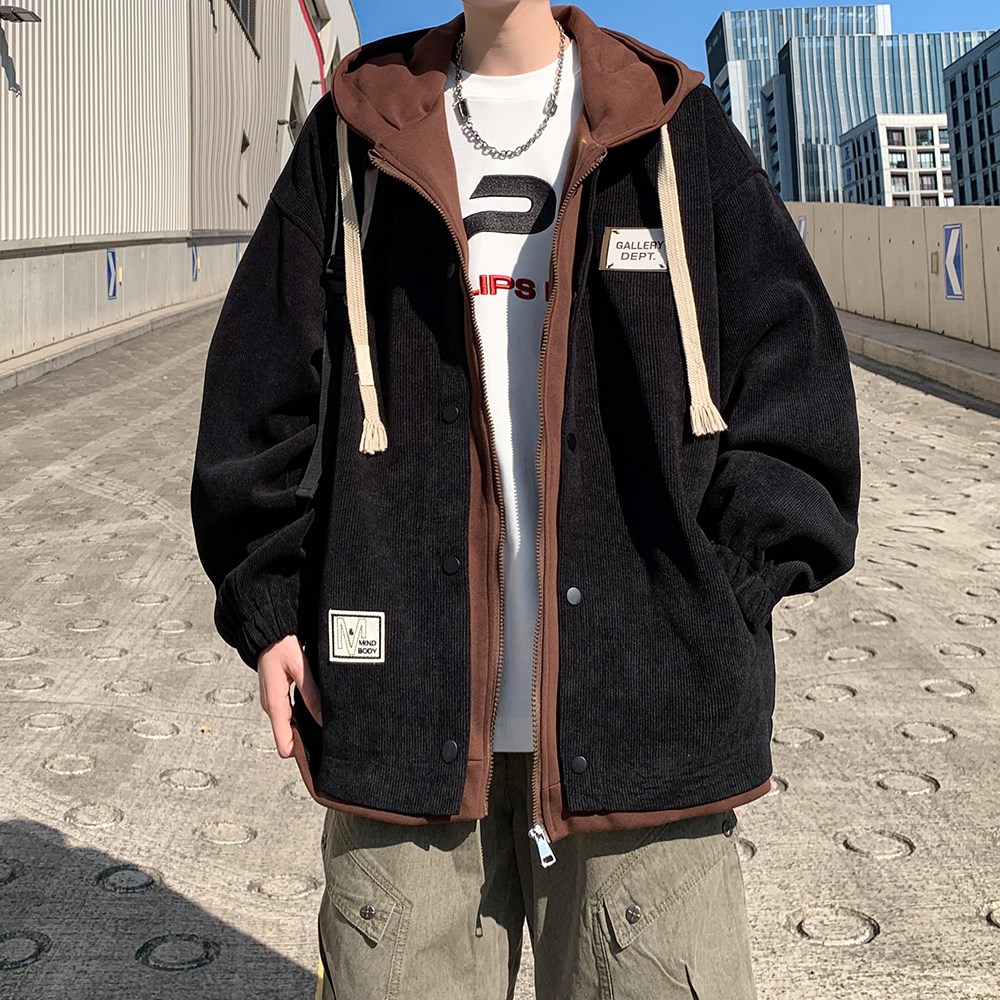 新款撞色连帽外套假两件学院风男休闲夹克港风外景6635P98控138,男装夹克,电商A034