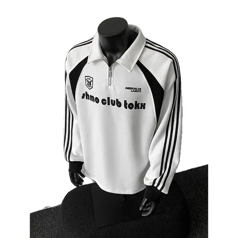 黑白卫衣美式长袖翻领秋季肩外套正情侣t恤半拉链polo衫拼接男女