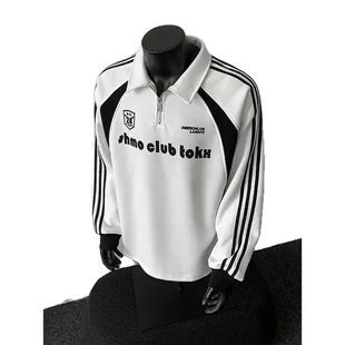 黑白卫衣美式长袖翻领秋季肩外套正情侣t恤半拉链polo衫拼接男女