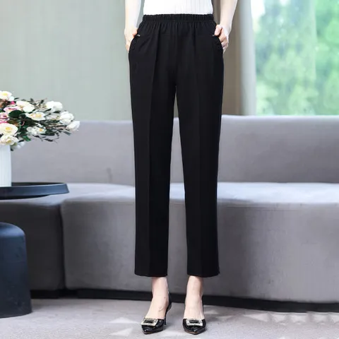 宽松紧长裤子女裤休闲中老年人妈妈款亚麻薄款棉麻九分女装夏直筒