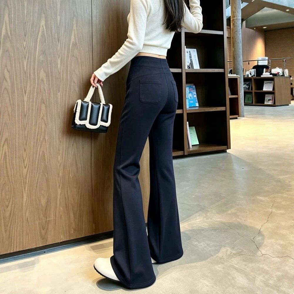 藏青色螺纹微喇裤女秋季2026新款美式高腰提臀显瘦休闲瑜伽喇叭裤