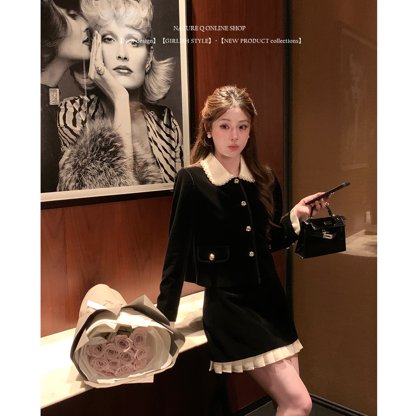 杨小卷 miu系富家千金风黑色丝绒套装两件套 珍珠娃娃领小香外套图片