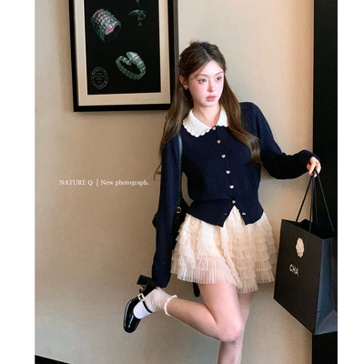 杨小卷 miu系千金穿搭 撞色减龄娃娃领针织开衫女短款上衣 1OO棉
