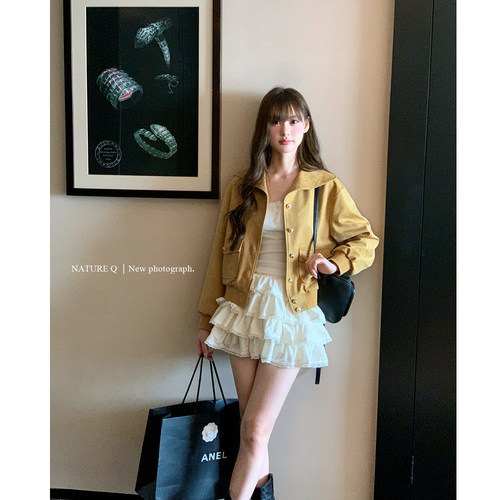 杨小卷 小香风海军领麂皮夹克外套女短款姜黄色上衣皮衣MIU系千金