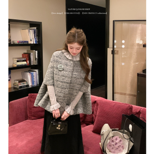 杨小卷 复古千金 小香风灰色斗篷披肩短款毛呢高级感外套冬装加厚