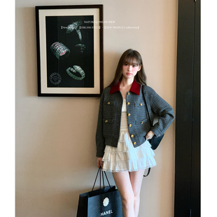 杨小卷 法式复古小香风撞色翻领千鸟格夹克外套女短款上衣秋miu系