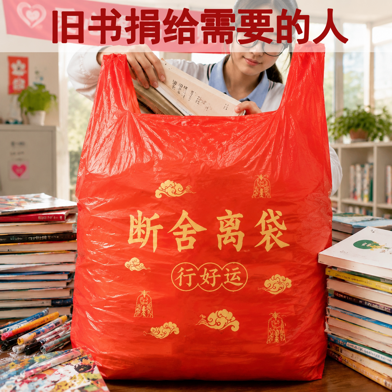 捐赠旧书文具断舍离大红色塑料袋图片