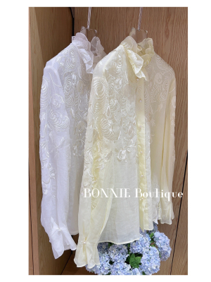 BONNIE Boutique法式浪漫温柔风重工刺绣花边领苎麻衬衫上衣