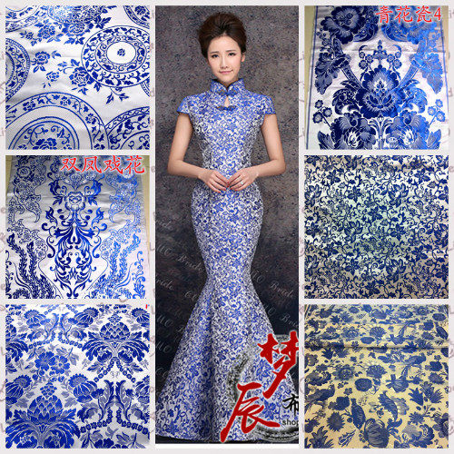 高档青花瓷云真丝锦织锦缎服装面料 古装新娘装旗袍布料 厂家直销